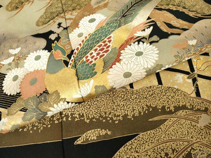 平和屋着物●豪華黒留袖　駒刺繍　花鳥文　雉　金彩　仮絵羽　正絹　逸品　未使用　AABM8041cs