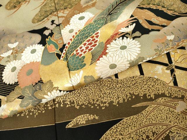 平和屋着物●豪華黒留袖　駒刺繍　花鳥文　雉　金彩　仮絵羽　正絹　逸品　未使用　AABM8041cs