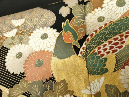 平和屋着物●豪華黒留袖　駒刺繍　花鳥文　雉　金彩　仮絵羽　正絹　逸品　未使用　AABM8041cs
