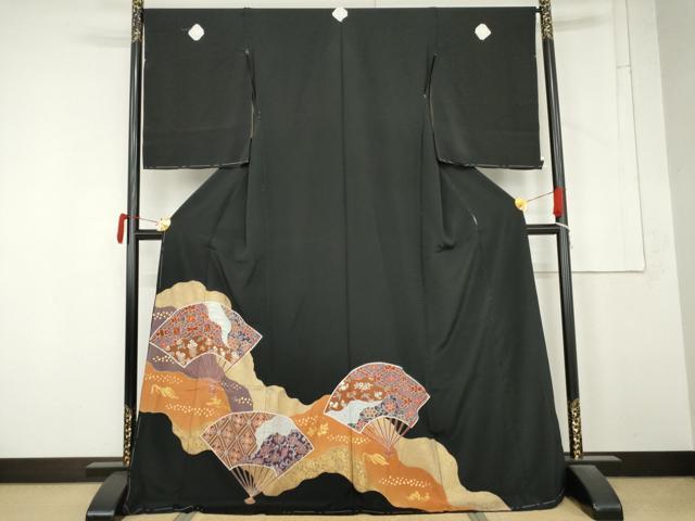 平和屋着物●豪華黒留袖　刺繍　扇面吉祥花文　金糸　金彩　浜ちりめん　仮絵羽　正絹　逸品　未使用　AABM8043cs