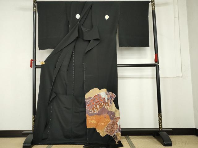 平和屋着物●豪華黒留袖　刺繍　扇面吉祥花文　金糸　金彩　浜ちりめん　仮絵羽　正絹　逸品　未使用　AABM8043cs