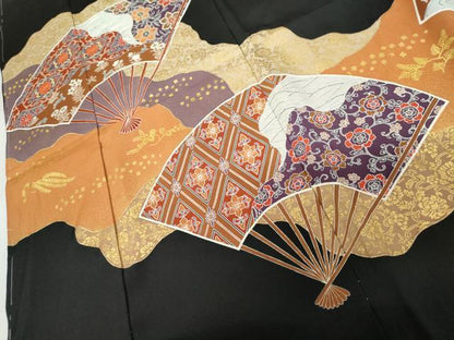 平和屋着物●豪華黒留袖　刺繍　扇面吉祥花文　金糸　金彩　浜ちりめん　仮絵羽　正絹　逸品　未使用　AABM8043cs