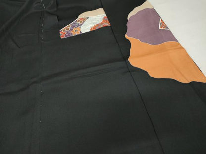 平和屋着物●豪華黒留袖　刺繍　扇面吉祥花文　金糸　金彩　浜ちりめん　仮絵羽　正絹　逸品　未使用　AABM8043cs