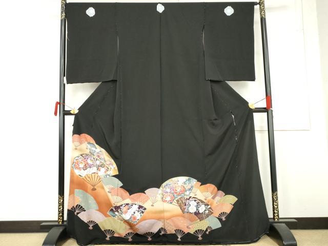 平和屋着物●豪華黒留袖　駒刺繍　扇面花鳥文　金彩　仮絵羽　正絹　逸品　未使用　AABM8044cs
