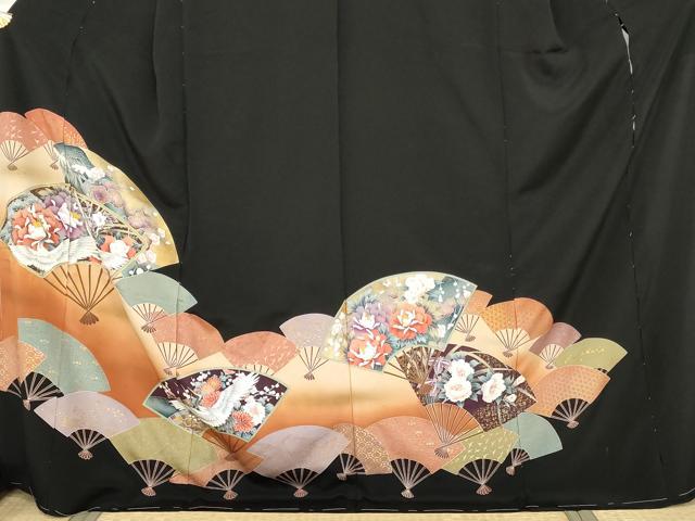 平和屋着物●豪華黒留袖　駒刺繍　扇面花鳥文　金彩　仮絵羽　正絹　逸品　未使用　AABM8044cs