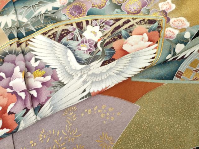 平和屋着物●豪華黒留袖　駒刺繍　扇面花鳥文　金彩　仮絵羽　正絹　逸品　未使用　AABM8044cs