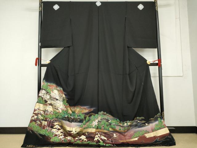 平和屋着物●豪華黒留袖　人物風景樹林文　暈し染め　金銀彩　仮絵羽　正絹　逸品　未使用　AABM8046cs