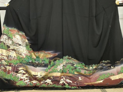 平和屋着物●豪華黒留袖　人物風景樹林文　暈し染め　金銀彩　仮絵羽　正絹　逸品　未使用　AABM8046cs