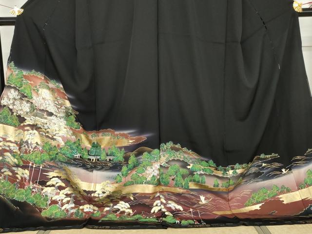 平和屋着物●豪華黒留袖　人物風景樹林文　暈し染め　金銀彩　仮絵羽　正絹　逸品　未使用　AABM8046cs