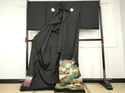 平和屋着物●豪華黒留袖　人物風景樹林文　暈し染め　金銀彩　仮絵羽　正絹　逸品　未使用　AABM8046cs