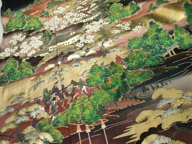 平和屋着物●豪華黒留袖　人物風景樹林文　暈し染め　金銀彩　仮絵羽　正絹　逸品　未使用　AABM8046cs