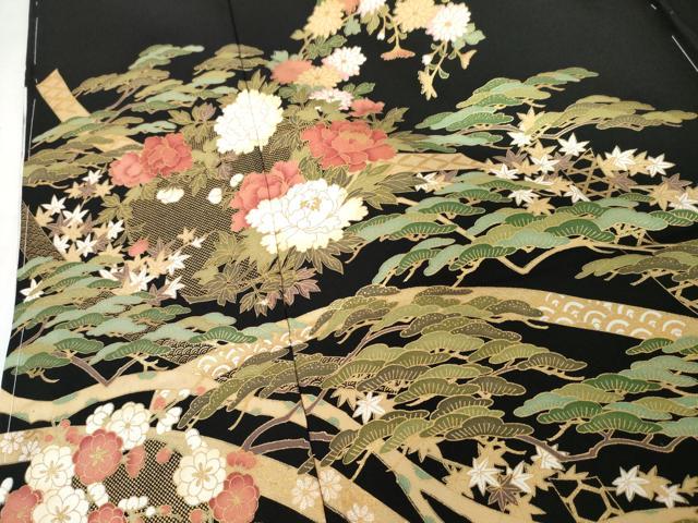 平和屋着物●豪華黒留袖　蔓帯草花文　金彩　仮絵羽　正絹　逸品　未使用　AABM8047cs