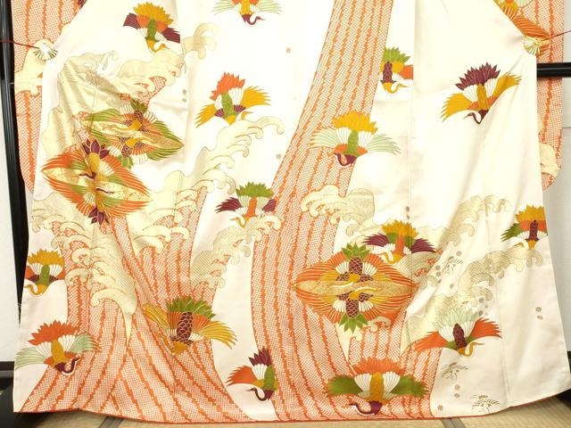 平和屋着物●豪華振袖　駒刺繍　双鶴立波文　金彩　正絹　逸品　AABM8049cs
