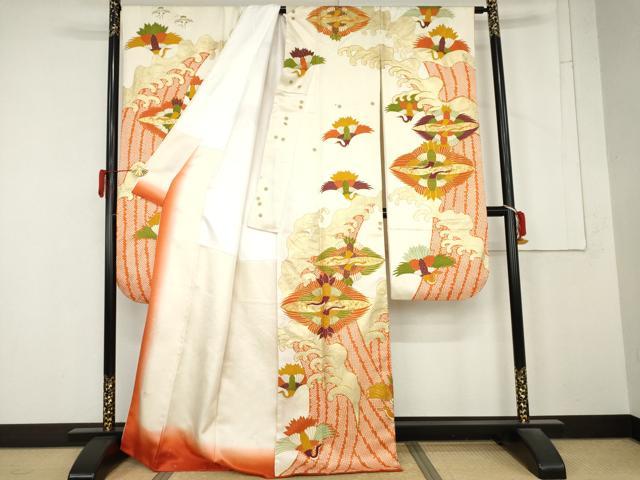 平和屋着物●豪華振袖　駒刺繍　双鶴立波文　金彩　正絹　逸品　AABM8049cs