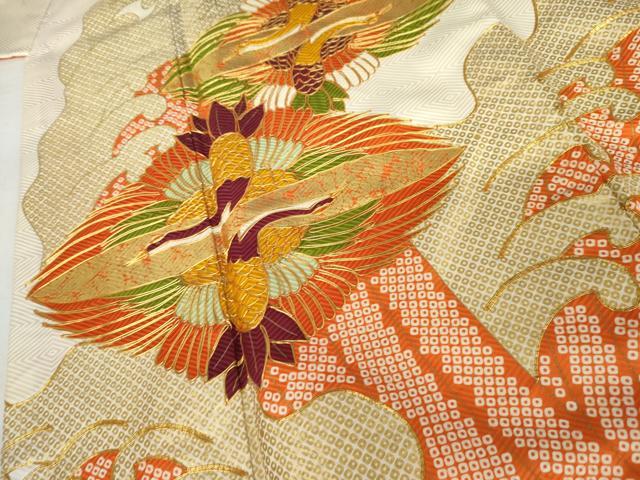 平和屋着物●豪華振袖　駒刺繍　双鶴立波文　金彩　正絹　逸品　AABM8049cs