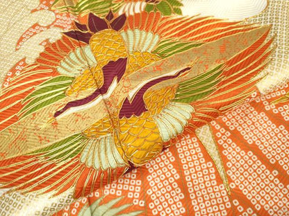 平和屋着物●豪華振袖　駒刺繍　双鶴立波文　金彩　正絹　逸品　AABM8049cs