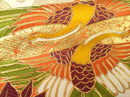 平和屋着物●豪華振袖　駒刺繍　双鶴立波文　金彩　正絹　逸品　AABM8049cs