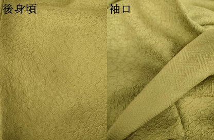 平和屋着物●上質な色無地　氷割れ地紋　青朽葉色　正絹　逸品　AABM8054cs