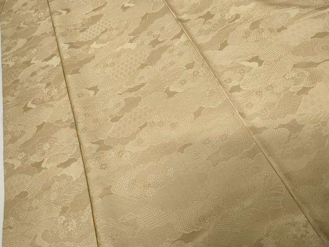 平和屋着物●上質な色無地　雲重ね花地紋　白橡色　嘘つき襦袢　正絹　逸品　AABM8056cs