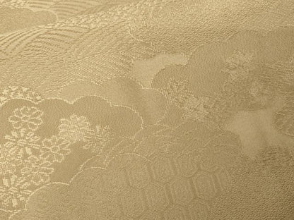 平和屋着物●上質な色無地　雲重ね花地紋　白橡色　嘘つき襦袢　正絹　逸品　AABM8056cs