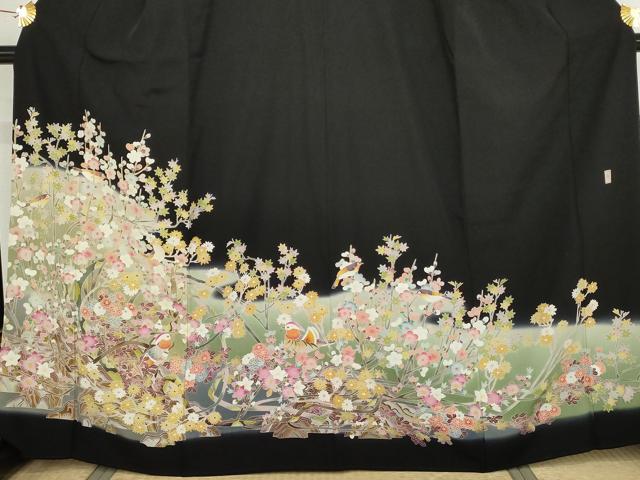 平和屋着物●豪華黒留袖　友禅　作家物　鴛鴦枝花文　暈し染め　正絹　逸品　AABM8062cs