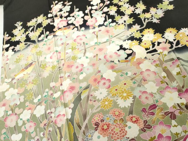 平和屋着物●豪華黒留袖　友禅　作家物　鴛鴦枝花文　暈し染め　正絹　逸品　AABM8062cs