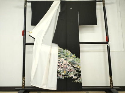平和屋着物●豪華黒留袖　友禅　作家物　鴛鴦花文　三越扱い　正絹　逸品　AABM8063cs