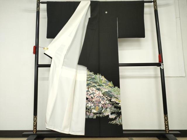 平和屋着物●豪華黒留袖　友禅　作家物　鴛鴦花文　三越扱い　正絹　逸品　AABM8063cs