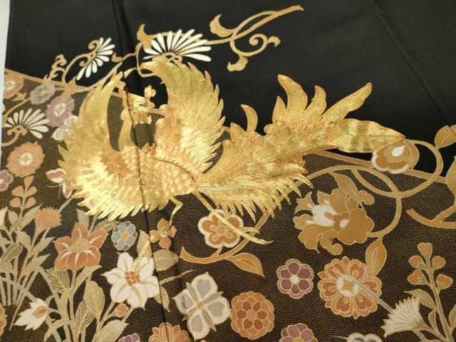 平和屋着物●豪華黒留袖　作家物　駒刺繍　鳳凰更紗花文　金彩　正絹　逸品　AABM8085cs