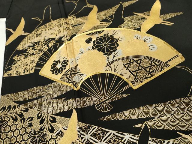 平和屋着物●豪華黒留袖　駒刺繍　扇面飛鶴文　金彩　正絹　逸品　AABM8093cs