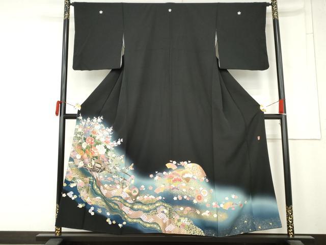 平和屋着物●豪華黒留袖　作家物　駒刺繍　花車文　暈し染め　金彩　正絹　逸品　AABM8095cs