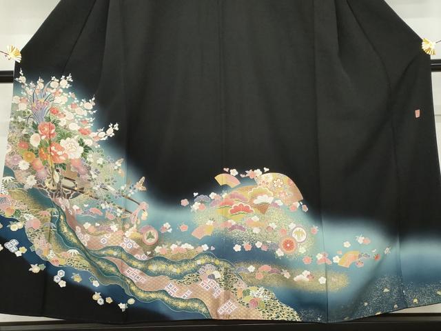 平和屋着物●豪華黒留袖　作家物　駒刺繍　花車文　暈し染め　金彩　正絹　逸品　AABM8095cs