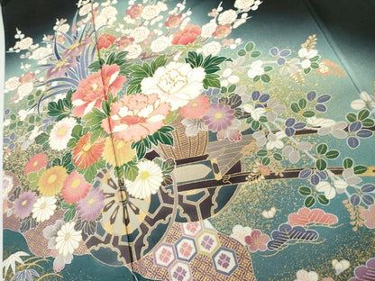 平和屋着物●豪華黒留袖　作家物　駒刺繍　花車文　暈し染め　金彩　正絹　逸品　AABM8095cs