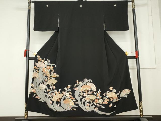 平和屋着物●豪華黒留袖　駒刺繍　扇面宝尽くし　金彩　正絹　逸品　AABM8096cs