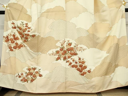 平和屋着物●訪問着　駒刺繍　雲重ね枝花文　金彩　正絹　逸品　AABM8097cs