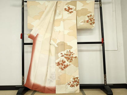 平和屋着物●訪問着　駒刺繍　雲重ね枝花文　金彩　正絹　逸品　AABM8097cs