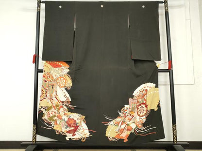 平和屋着物●アンティーク　大正ロマン　黒留袖　御所車檜扇花文　金彩　正絹　逸品　AABM8102cs