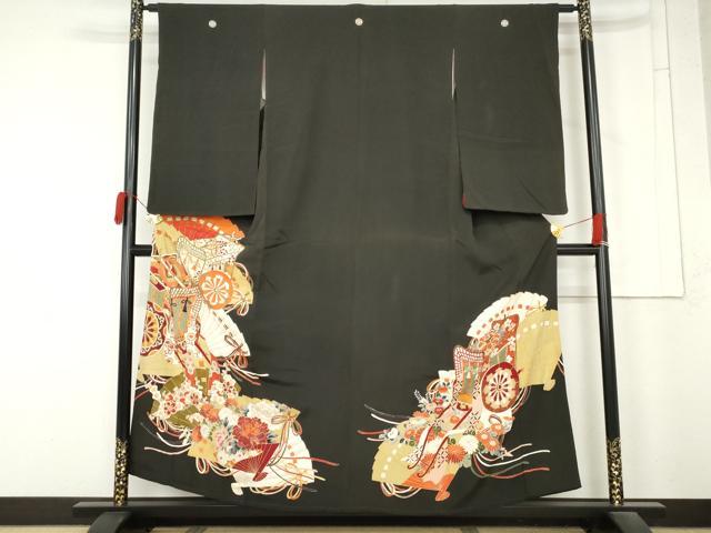 平和屋着物●アンティーク　大正ロマン　黒留袖　御所車檜扇花文　金彩　正絹　逸品　AABM8102cs
