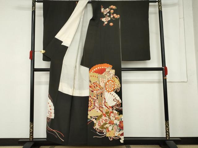 平和屋着物●アンティーク　大正ロマン　黒留袖　御所車檜扇花文　金彩　正絹　逸品　AABM8102cs