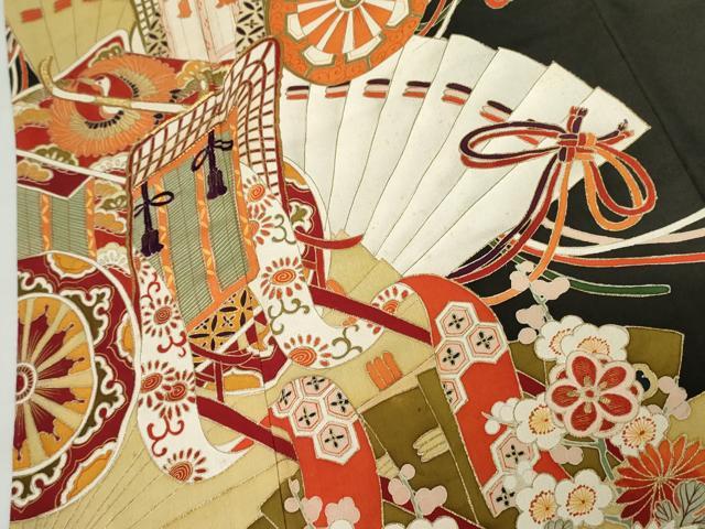 平和屋着物●アンティーク　大正ロマン　黒留袖　御所車檜扇花文　金彩　正絹　逸品　AABM8102cs
