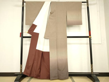 平和屋着物●訪問着　紬地　縞　正絹　逸品　AABM8133cs