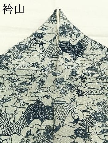 平和屋着物●上質な小紋　藍　型染め　流水雲取り花文　鬼しぼ縮緬　正絹　逸品　AABM8174fy