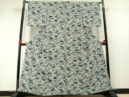 平和屋着物●上質な小紋　藍　型染め　流水雲取り花文　鬼しぼ縮緬　正絹　逸品　AABM8174fy
