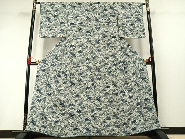 平和屋着物●上質な小紋　藍　型染め　流水雲取り花文　鬼しぼ縮緬　正絹　逸品　AABM8174fy
