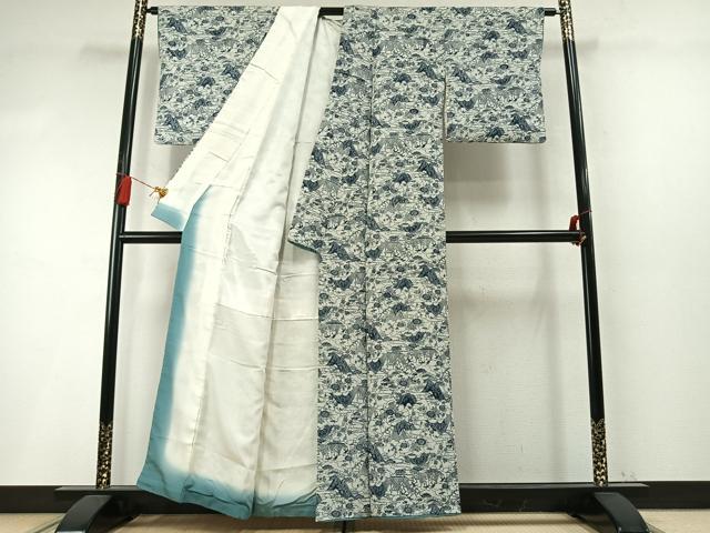 平和屋着物●上質な小紋　藍　型染め　流水雲取り花文　鬼しぼ縮緬　正絹　逸品　AABM8174fy