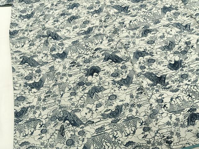 平和屋着物●上質な小紋　藍　型染め　流水雲取り花文　鬼しぼ縮緬　正絹　逸品　AABM8174fy