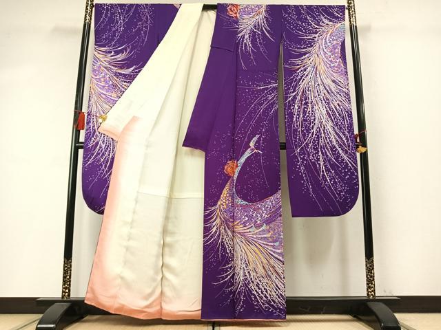 平和屋着物●豪華振袖　孔雀花文　銀彩　正絹　逸品　AABM8175fy