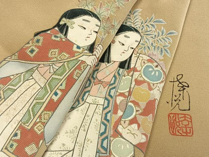 平和屋着物●豪華色留袖　作家物　刺繍　人物花文　金糸　金彩　正絹　逸品　AABM8186fy