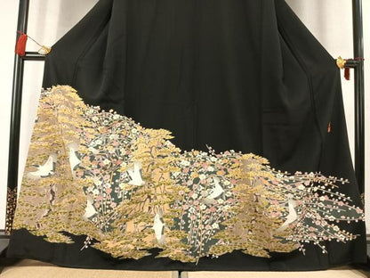 平和屋着物●本加賀友禅作家　百貫華峰　黒留袖　飛鶴枝梅松文　正絹　逸品　未使用　AABM8191fy