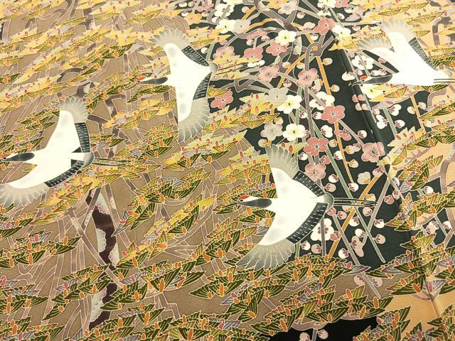 平和屋着物●本加賀友禅作家　百貫華峰　黒留袖　飛鶴枝梅松文　正絹　逸品　未使用　AABM8191fy